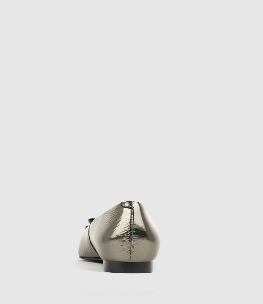 EVAINE Double Bow Flat Pump in Pewter Crinkle Patent - Image 3